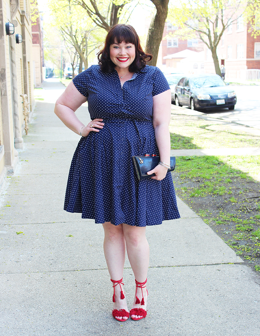 navy dress and red heels