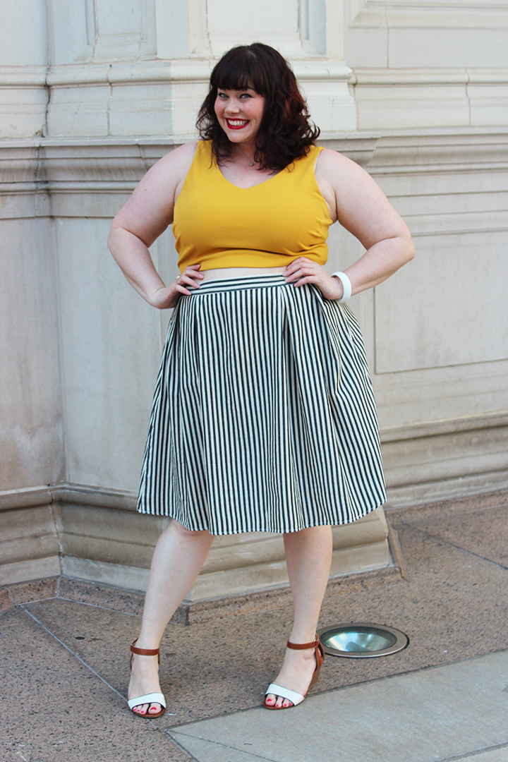 Plus Size OOTD: Pinstripe Skirt Gold Crop Top from Forever 21 Plus