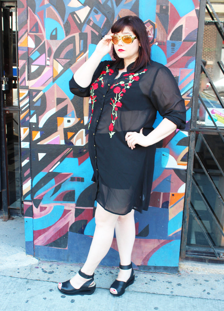 Plus Size Blogger Amber from Style Plus Curves in Boohoo Plus Size Embroidered Sheer Shirt Dress