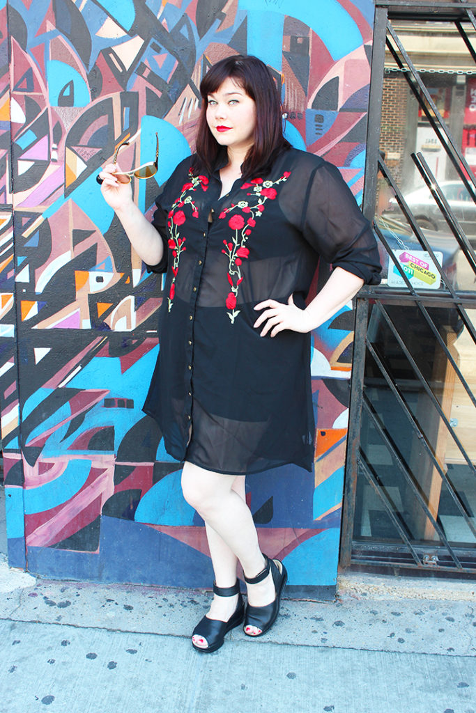 Plus Size Blogger Amber from Style Plus Curves in Boohoo Plus Size Embroidered Sheer Shirt Dress