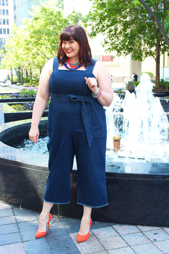 Plus Size Blogger Amber from Style Plus Curves in a cropped denim jumpsuit from Eloquii
