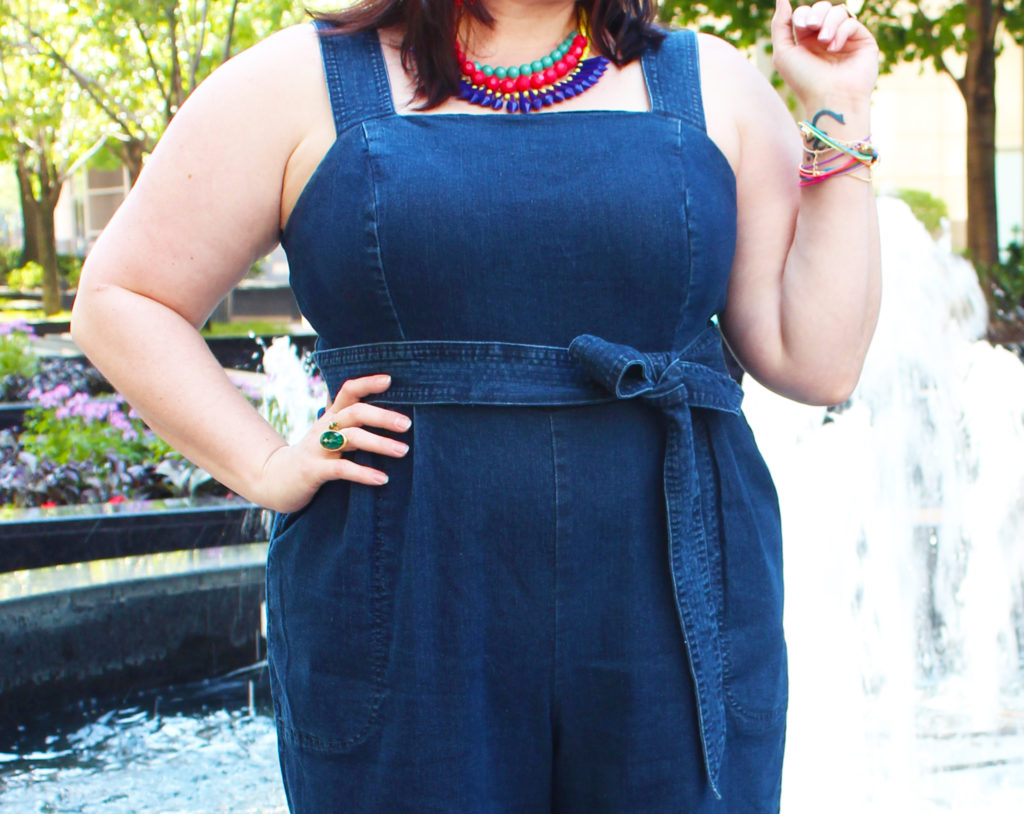 Plus Size Blogger Amber from Style Plus Curves in a cropped denim jumpsuit from Eloquii