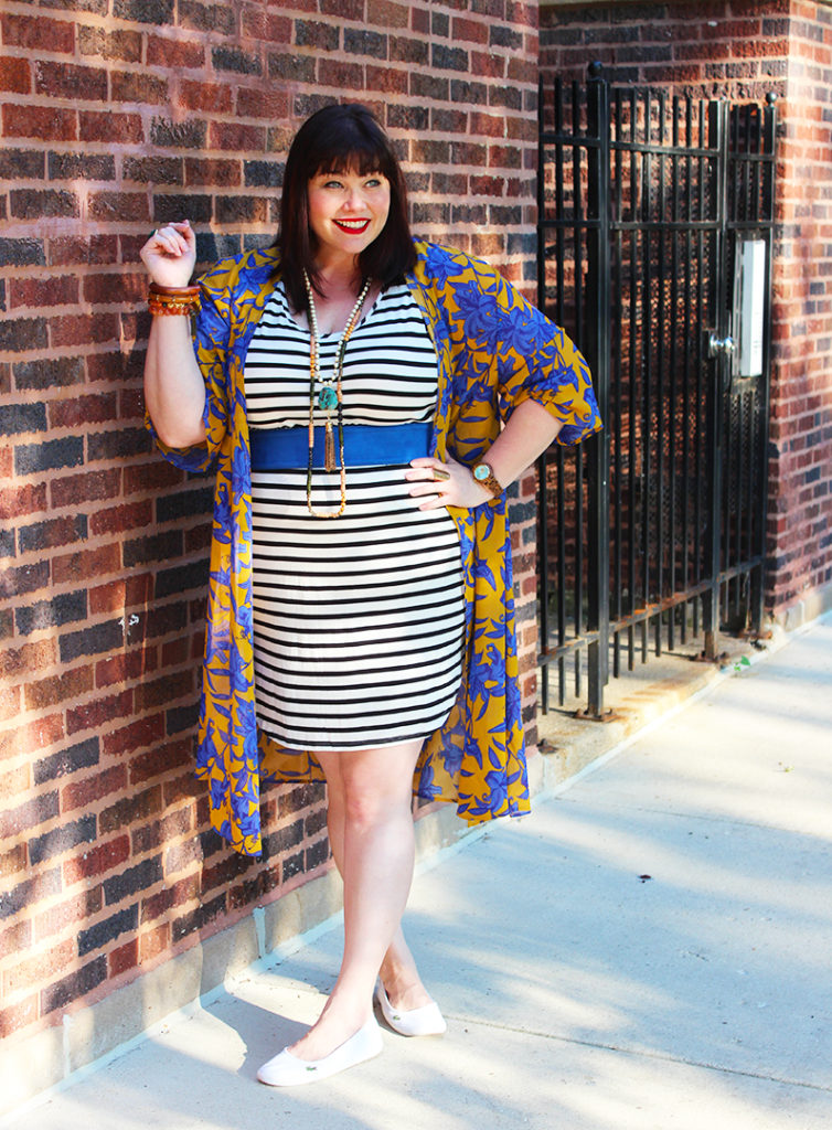 Plus Size Blogger Amber from Style Plus Curves in Blue and Yellow Kimono from H&M and Striped Tshirt Dress