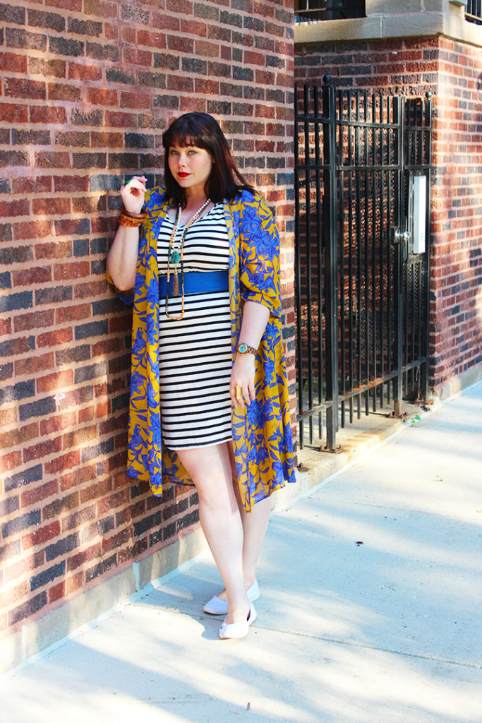 Plus Size Blogger Amber from Style Plus Curves in Blue and Yellow Kimono from H&M and Striped Tshirt Dress