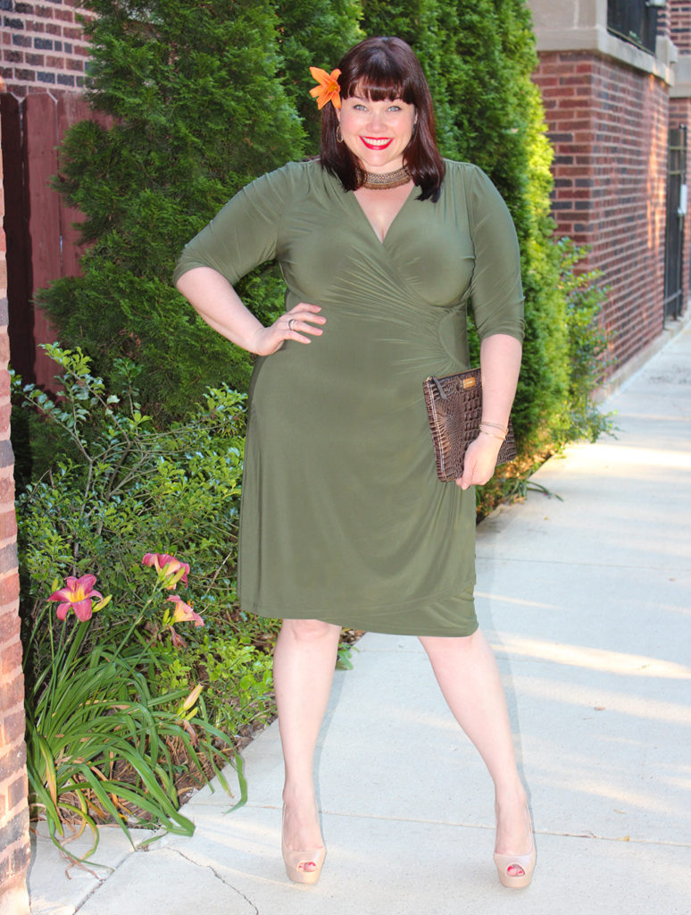 Plus Size Blogger Amber from Style Plus Curves in Kiyonna Ciara Cinch Dress in Olive Martini