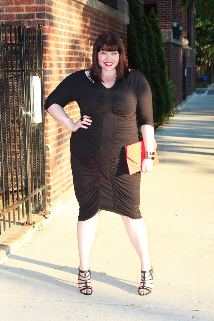 Plus Size Blogger Amber from Style Plus Curves in the Kiyonna Riveting Ruched Dress, plus size lbd, little black dress, plus size dress