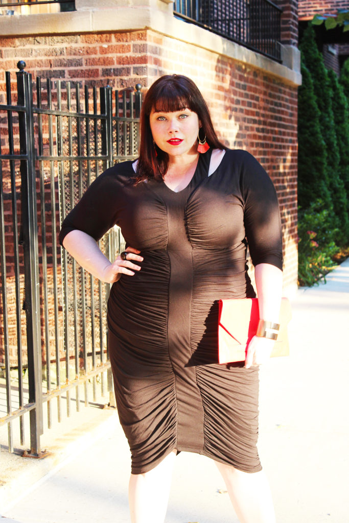 Plus Size Blogger Amber from Style Plus Curves in the Kiyonna Riveting Ruched Dress, plus size lbd, little black dress, plus size dress