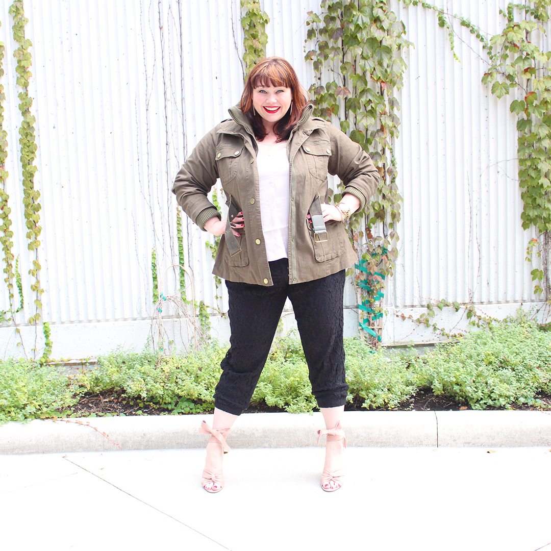 Chicago Plus Size Blogger Amber from Style Plus Curves in Black Lace Jogger Pants, Olive Green Utility Jacket from City Chic, Fullbeauty.com, fall fashion
