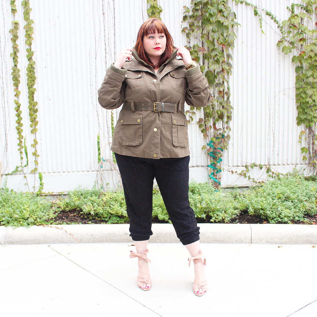 Chicago Plus Size Blogger Amber from Style Plus Curves in Black Lace Jogger Pants, Olive Green Utility Jacket from City Chic, Fullbeauty.com, fall fashion