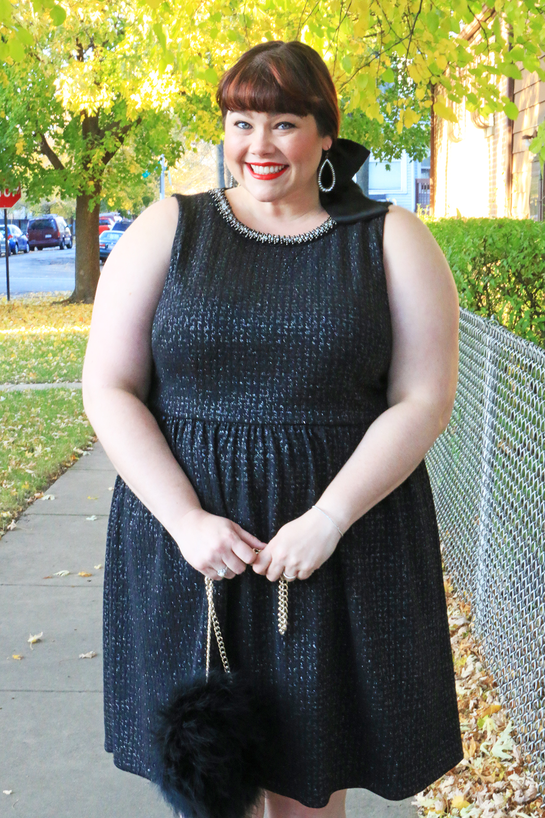 Chicago Plus Size Blogger Amber from Style Plus Curves in a Maggy London London Times Curve Plus Size Party Dress, LBD