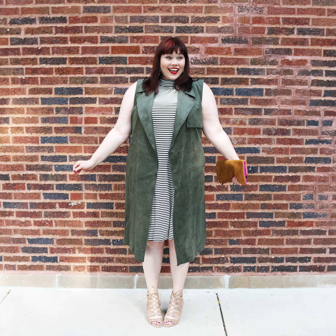 Chicago Plus Size Blogger Amber from Style Plus Curves in a Target Who What Wear Plus Size Suede Vest, olive