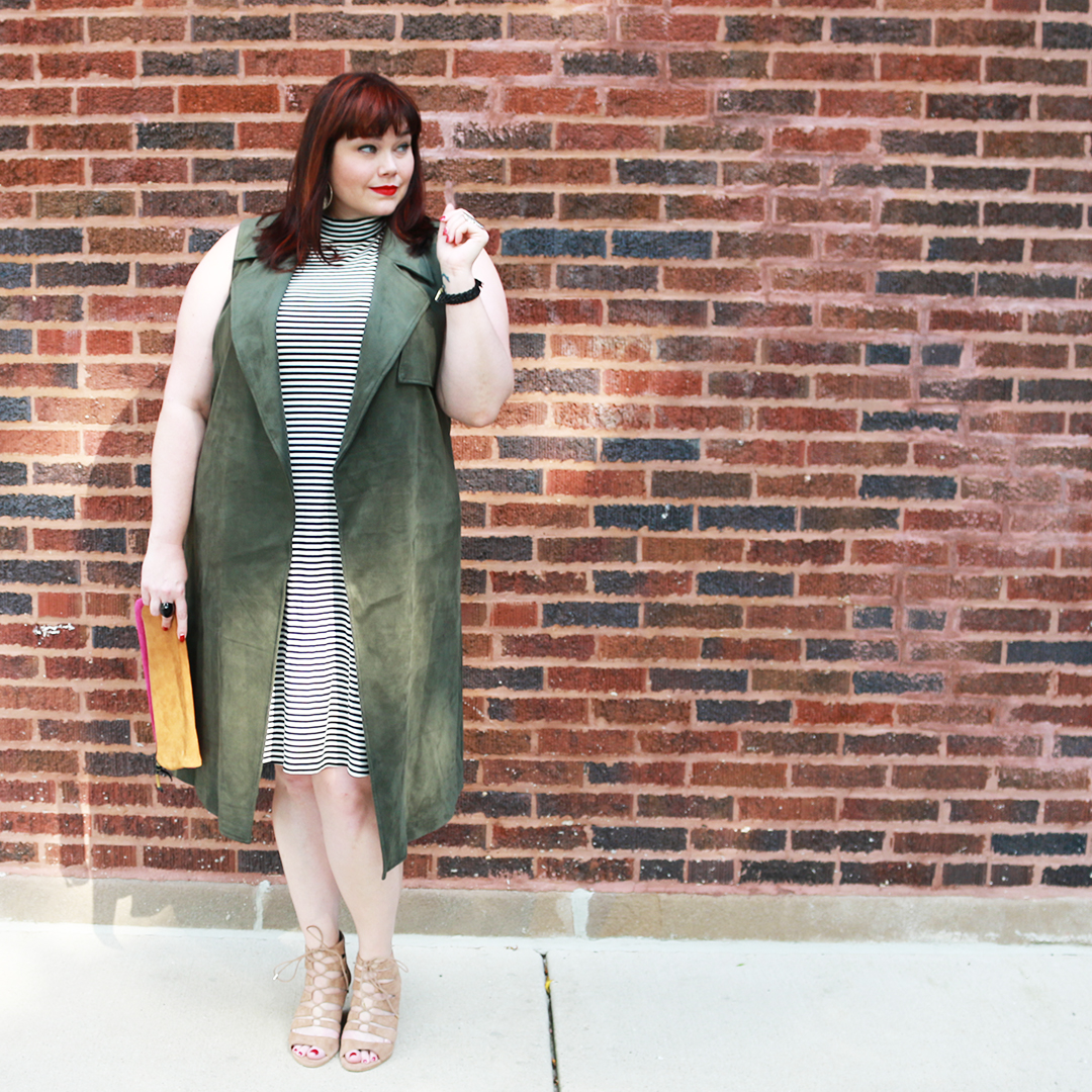 Chicago Plus Size Blogger Amber from Style Plus Curves in a Target Who What Wear Plus Size Suede Vest, olive