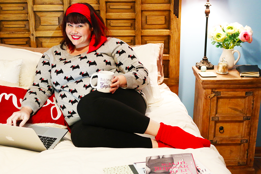 Plus Size Blogger Style Plus Curves Working from Home in a Scottie Dog Sweater