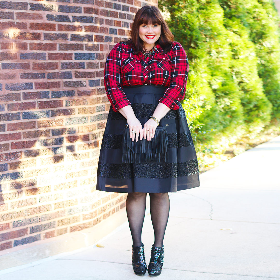 Chicago Plus Size Blogger Amber from Style Plus Curves in a Plaid Shirt and Black Skirt, holiday style, party