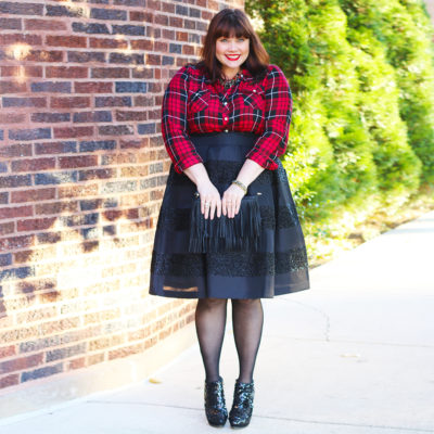 Chicago Plus Size Blogger Amber from Style Plus Curves in a Plaid Shirt and Black Skirt, holiday style, party