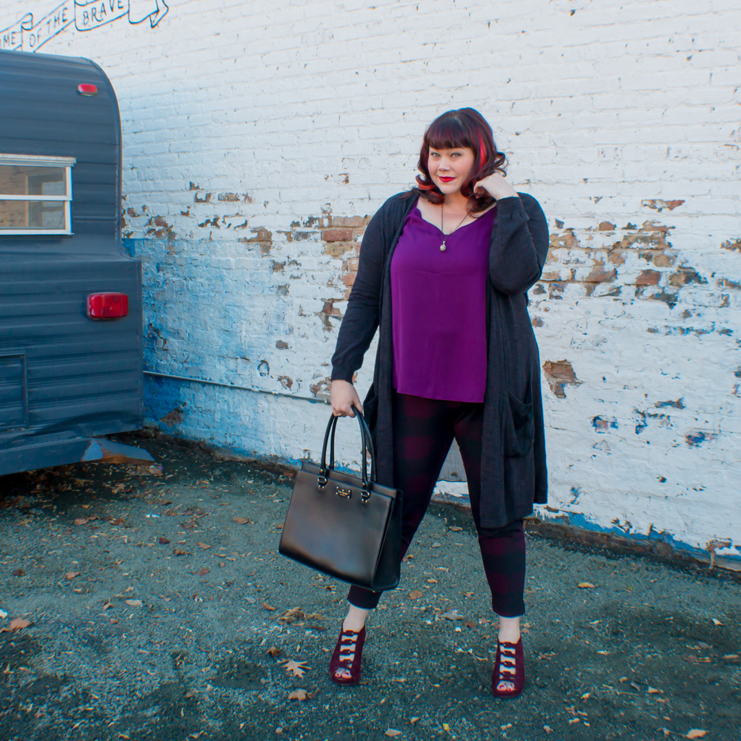 Plus Size Blogger in a Melissa McCarthy cardigan and leggings