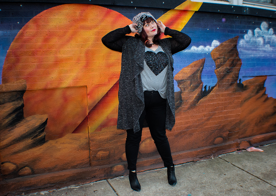Plus Size Model Amber from Style Plus Curves in a Jones New York Sweater Duster from Gwynnie Bee
