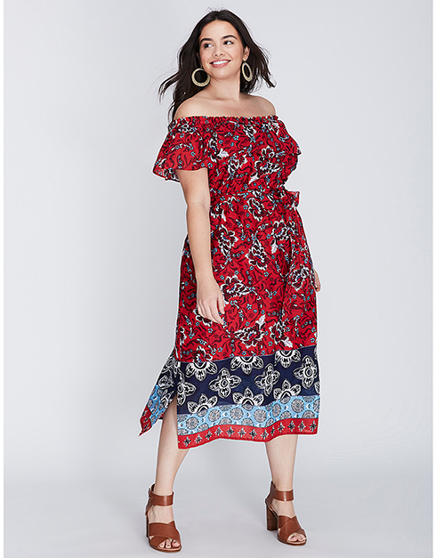 Colorful plus size off the shoulder midi dress from Lane Bryant