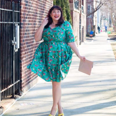 Plus Size Blogger Amber in an eShakti dress with floral and bird print
