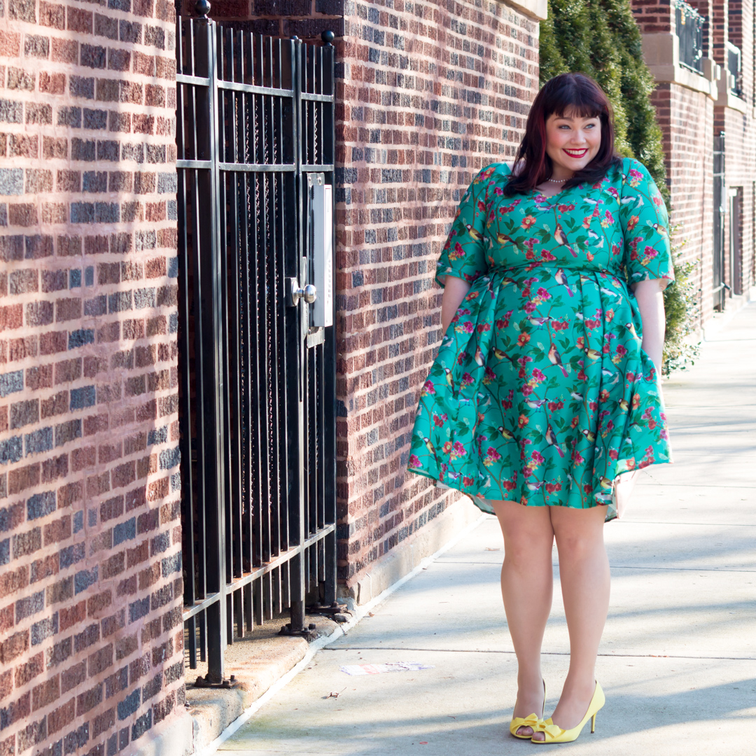 Plus Size Blogger Amber in an eShakti dress with floral and bird print