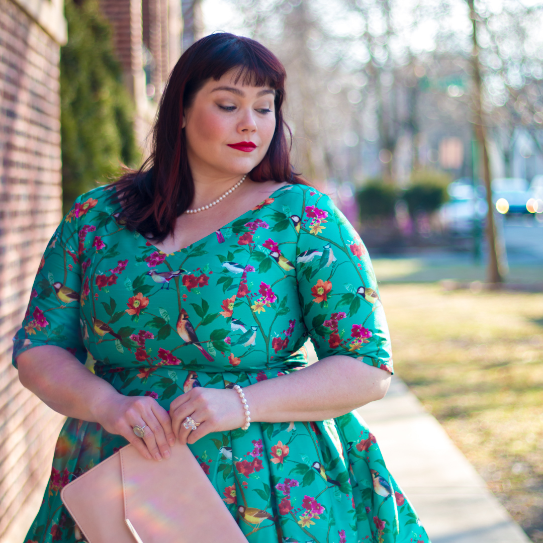 Plus Size Model Amber from Style Plus Curves in green, yellow, pink eShakti dress