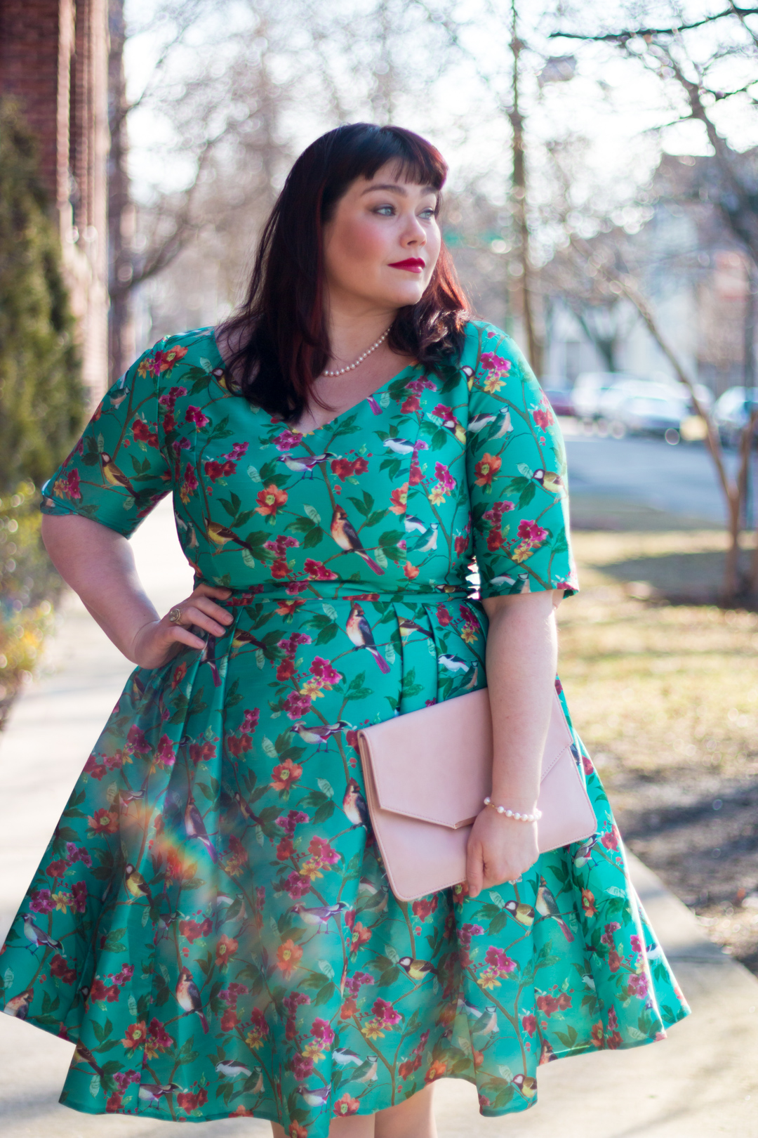 Plus Size Blogger Amber in eShakti green dupioni dress