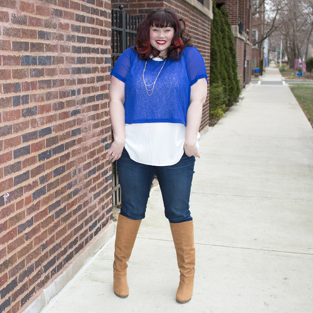 Plus Size Blogger Style Plus Curves in a City Chic Blue Cropped Overlay Top from Gwynnie Bee