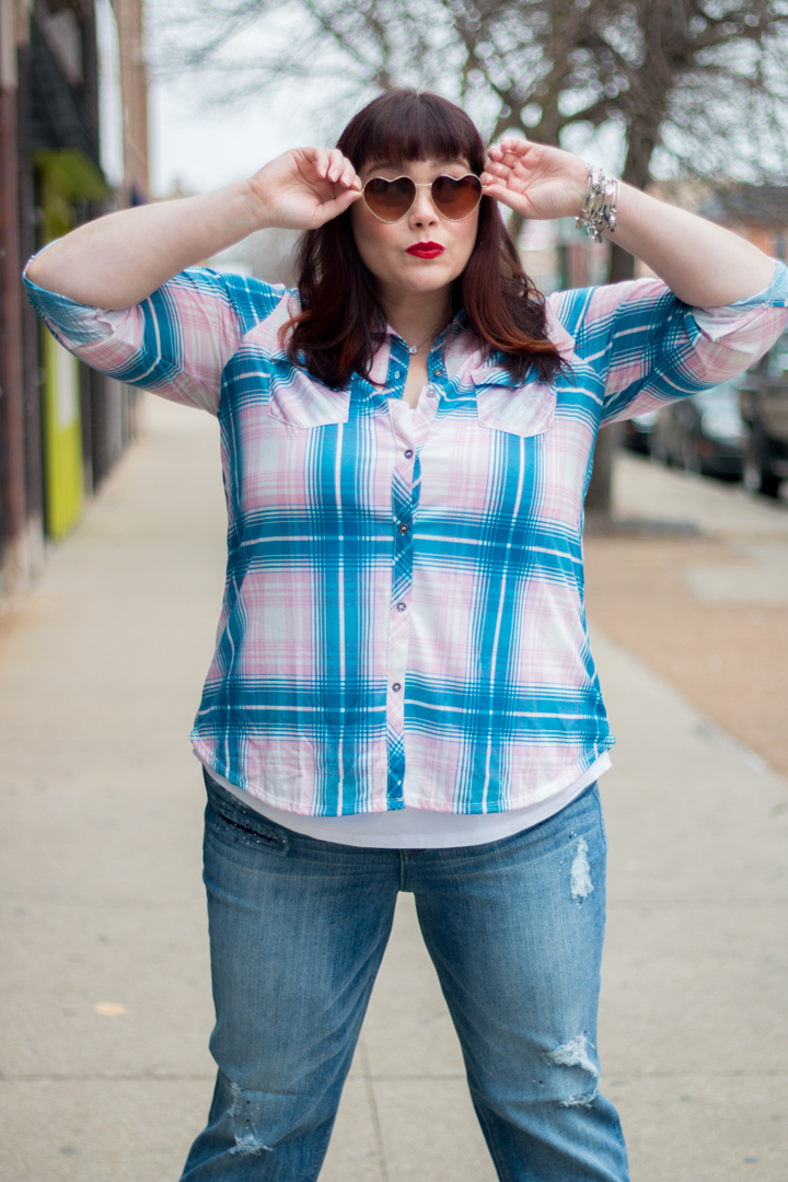 Casual Plus Size Pink Plaid Top and Distressed Denim from Avenue Plus