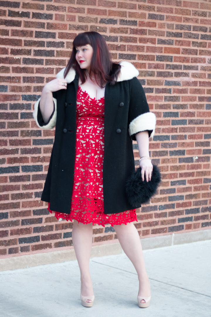 Chicago Plus Size Blogger in City Chic Red Lace Dress and vintage fur coat