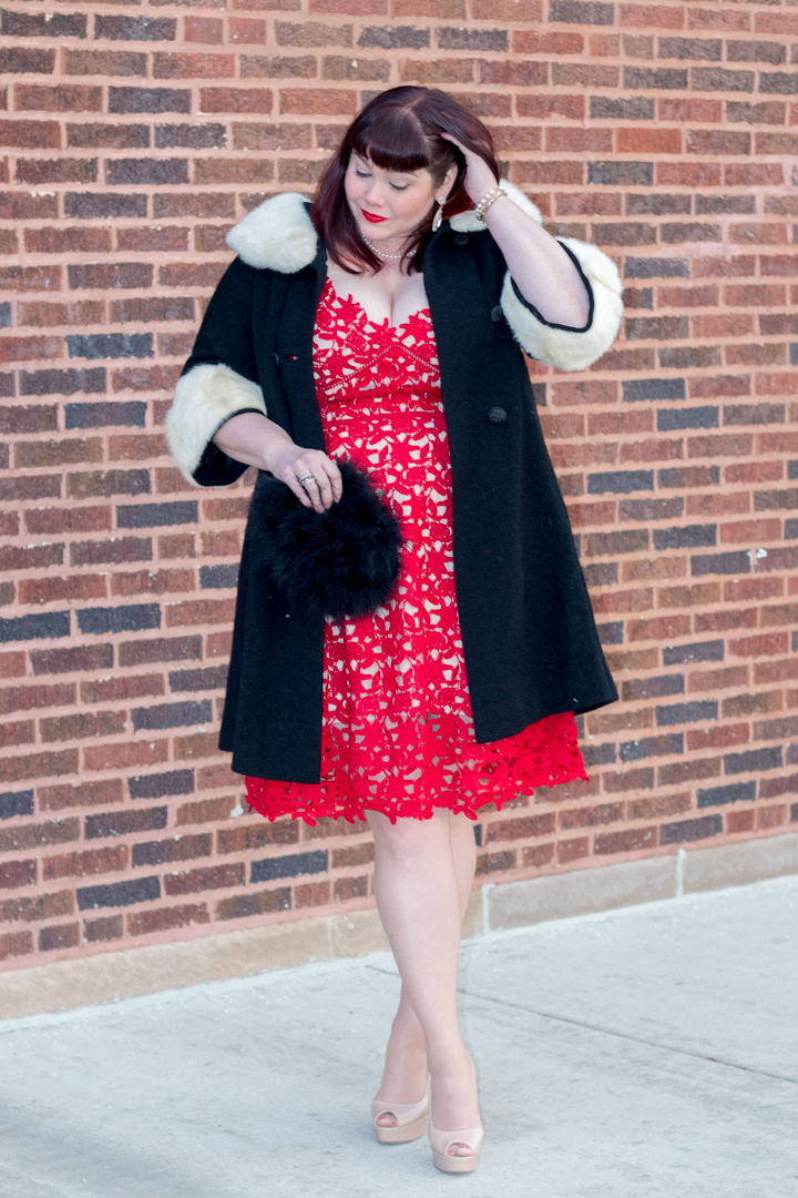 Chicago Plus Size Blogger in City Chic Red Lace Dress and vintage fur coat