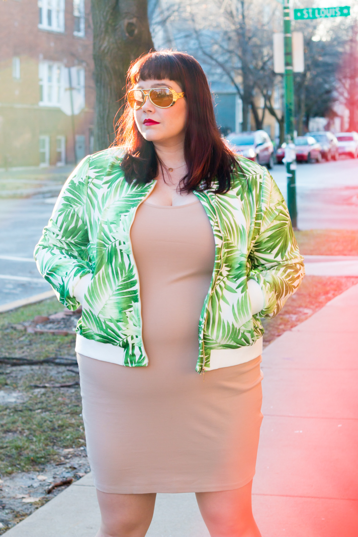 Forever 21 Plus Size Palm Print Bomber Jacket and Nude BodyCon Dress