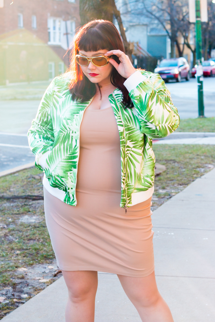 Chicago Plus Size Blogger Amber from Style Plus Curves in a Forever 21 Plus Palm Print Bomber Jacket