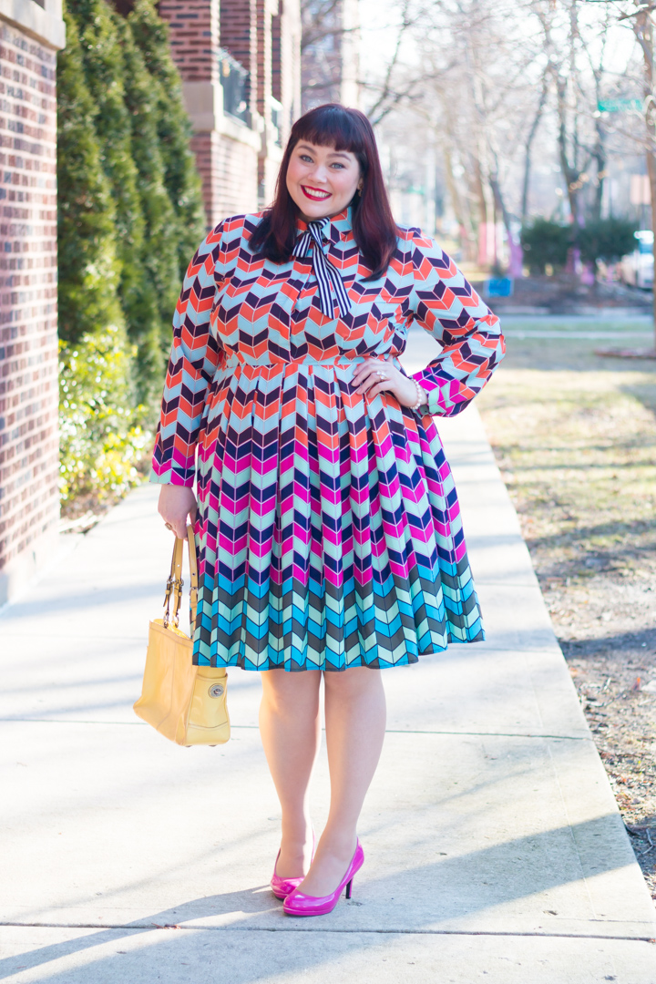Chicago Plus Size Blogger in Eloquii Colorful Abstract Fit and Flare Plus Size Dress