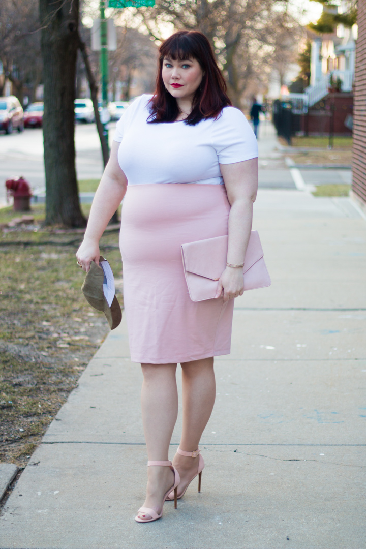Chicago Plus Size Blogger in Blush Pencil Skirt and White Bodysuit from Forever 21 Plus