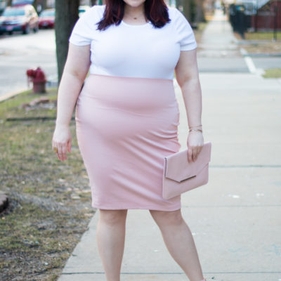Chicago Plus Size Blogger in Blush Pencil Skirt and White Bodysuit from Forever 21 Plus