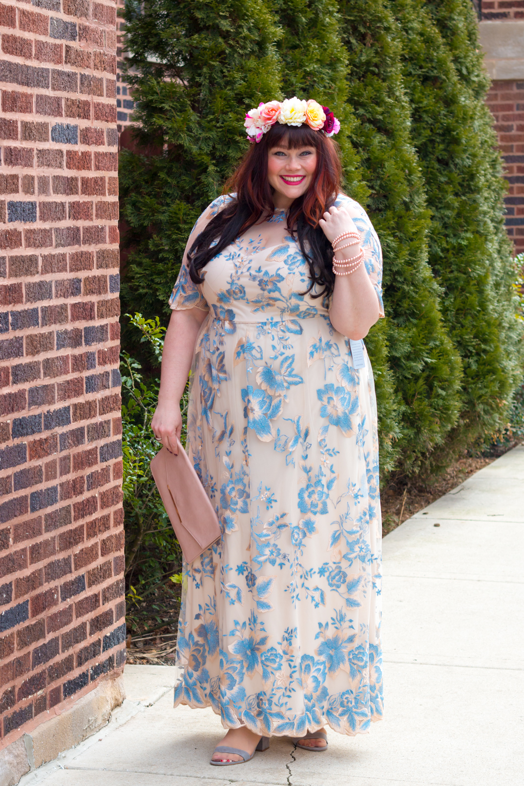 Blush and Blue: Adrianna Papell Embroidered Mesh Gown from Nordstrom