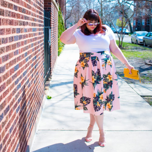 Pink and Palm Print Plus Size Floral Skirt from Asos Curve
