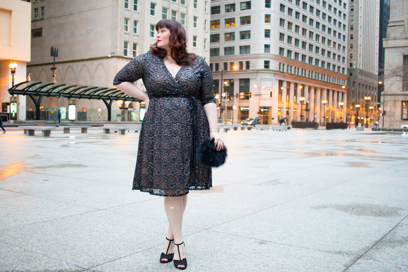 Chicago Plus Size Blogger in Glittering Affair Wrap Dress from Kiyonna