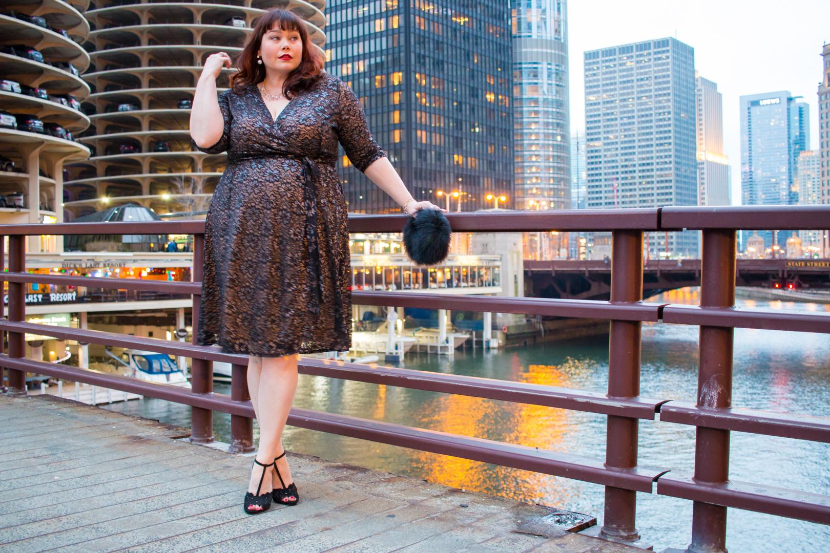 Chicago Plus Size Blogger in Glittering Affair Wrap Dress from Kiyonna