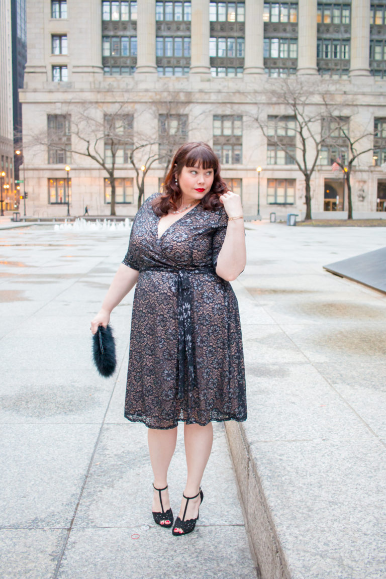 Plus Size Cocktail Attire: Glittering Affair Wrap Dress from Kiyonna