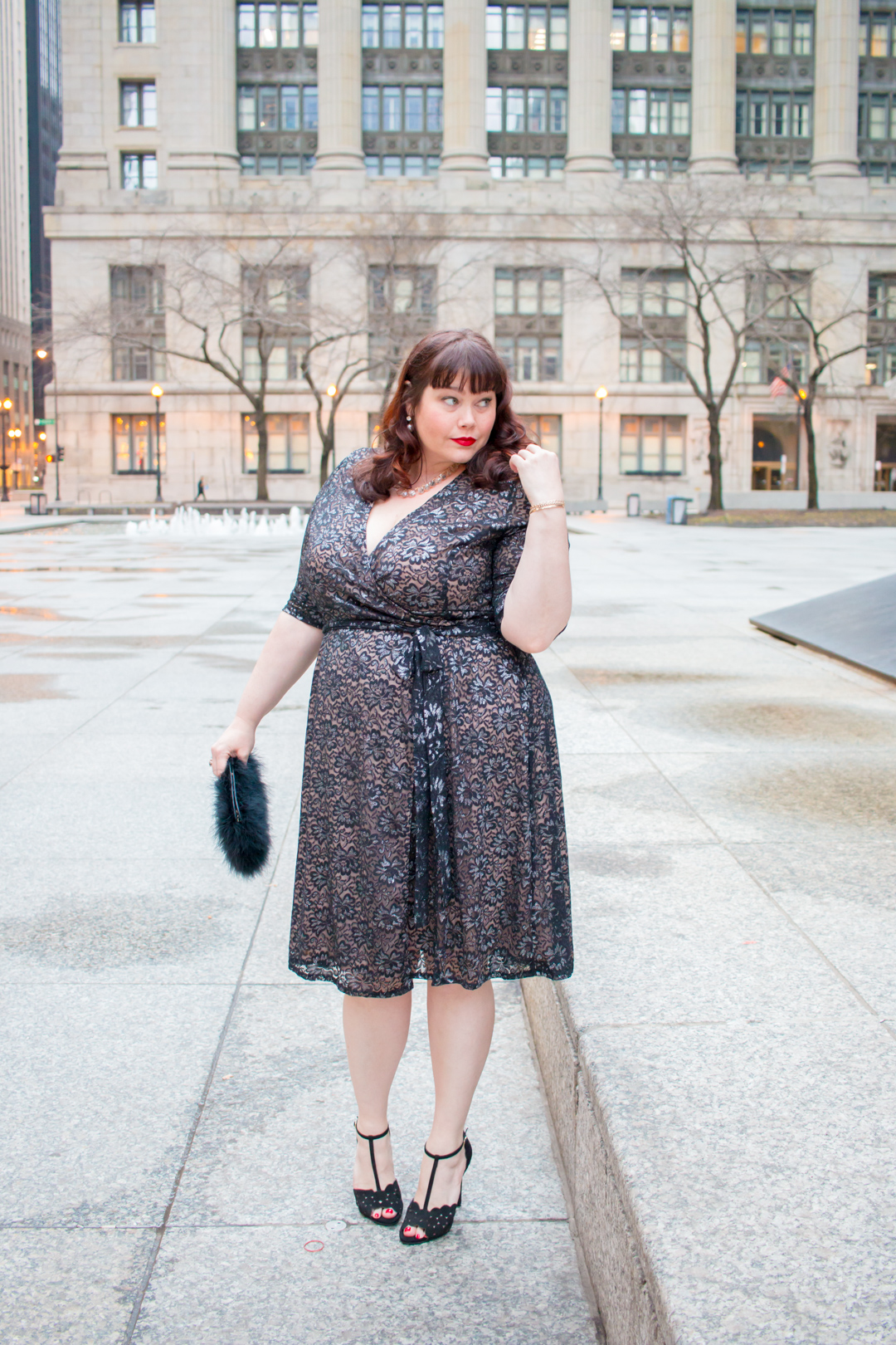 Chicago Blogger in Glittering Affair Wrap Dress from Kiyonna