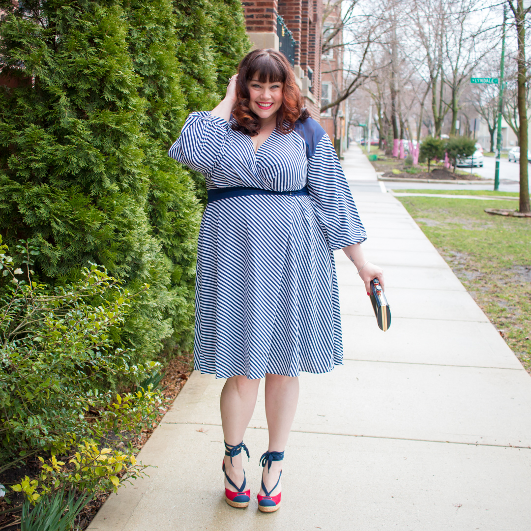 Chicago Plus Size Blogger in Striped Wrap Dress by Prabal Gurung by Lane Bryant