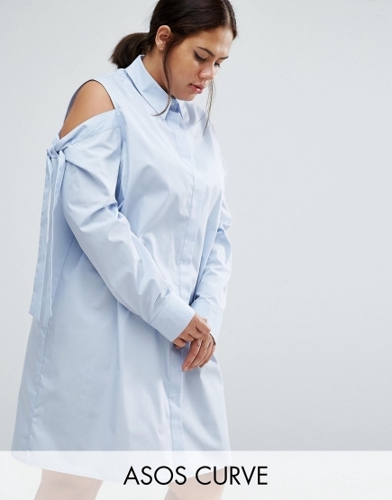 ASOS CURVE Shirt Dress with Cold Shoulder & Tie Detail