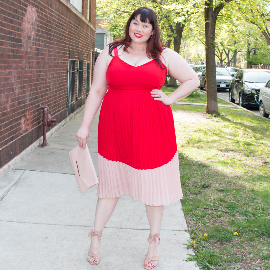 Plus Size Blogger in Red and Pink Pleated Dress from Asos Curve