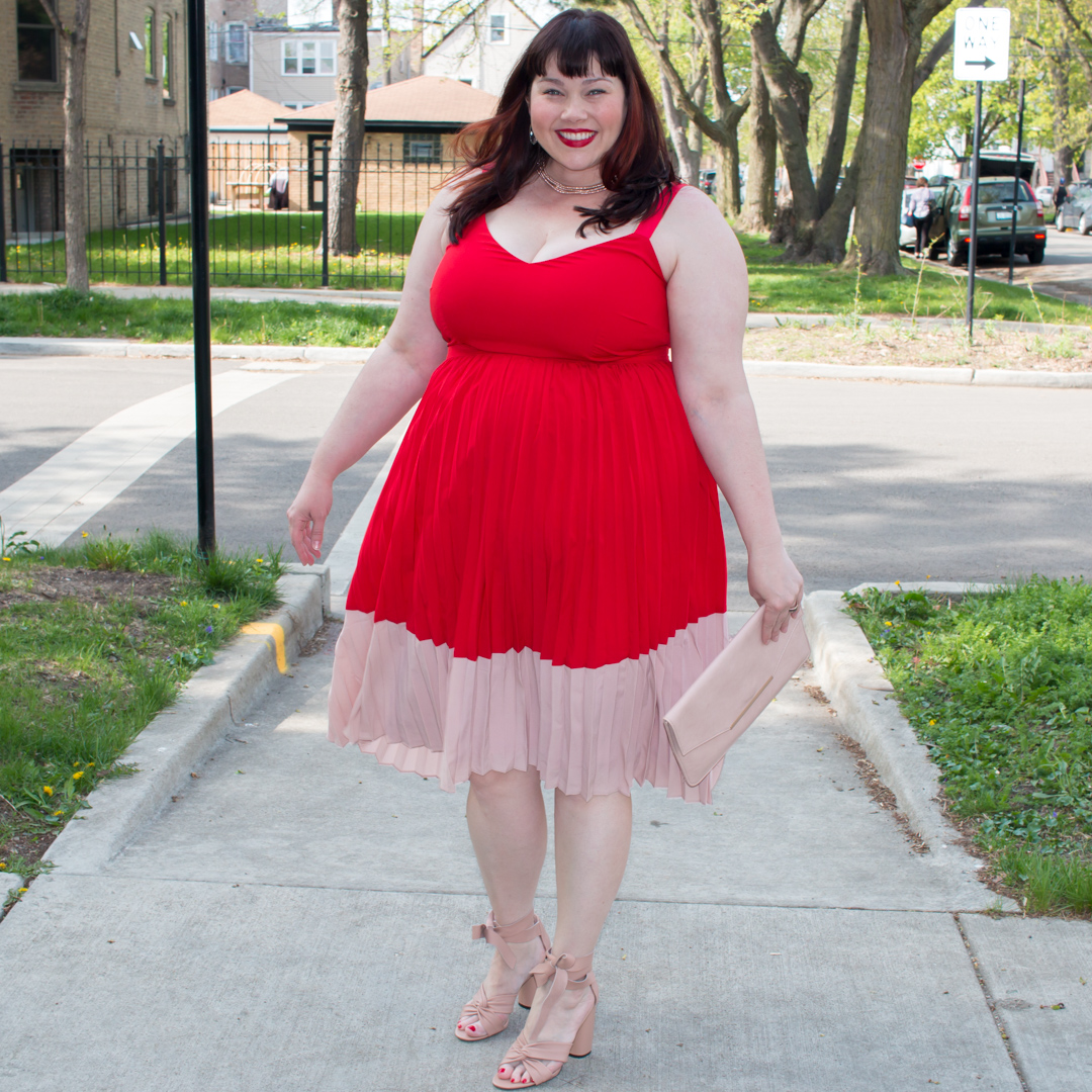 Chicago Plus Size Blogger in Red and Pink Pleated Dress from Asos Curve