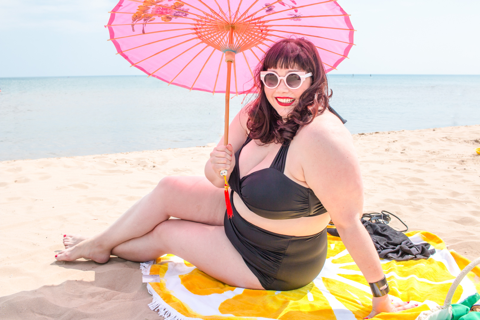 plus size blogger, plus size bikini, fatkini, Chicago beach, retro swimsuit