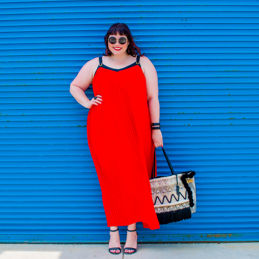Chicago Plus Size Blogger in Worthington Red Pleated Maxi Dress from JCPenney