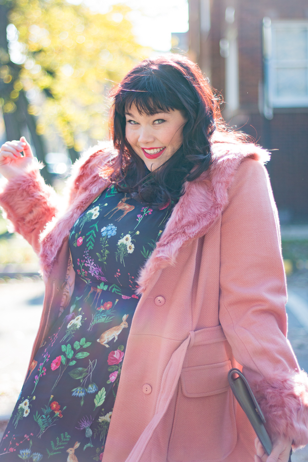 girl in pink coat, pink coat, Plus Size OOTD, Asos Curve, Unique 21 Tea Dress in Garden Floral Print, Plus Size Fashion, Style Plus Curves, Chicago Blogger, Chicago Plus Size Blogger, Plus Size Blogger, Amber McCulloch