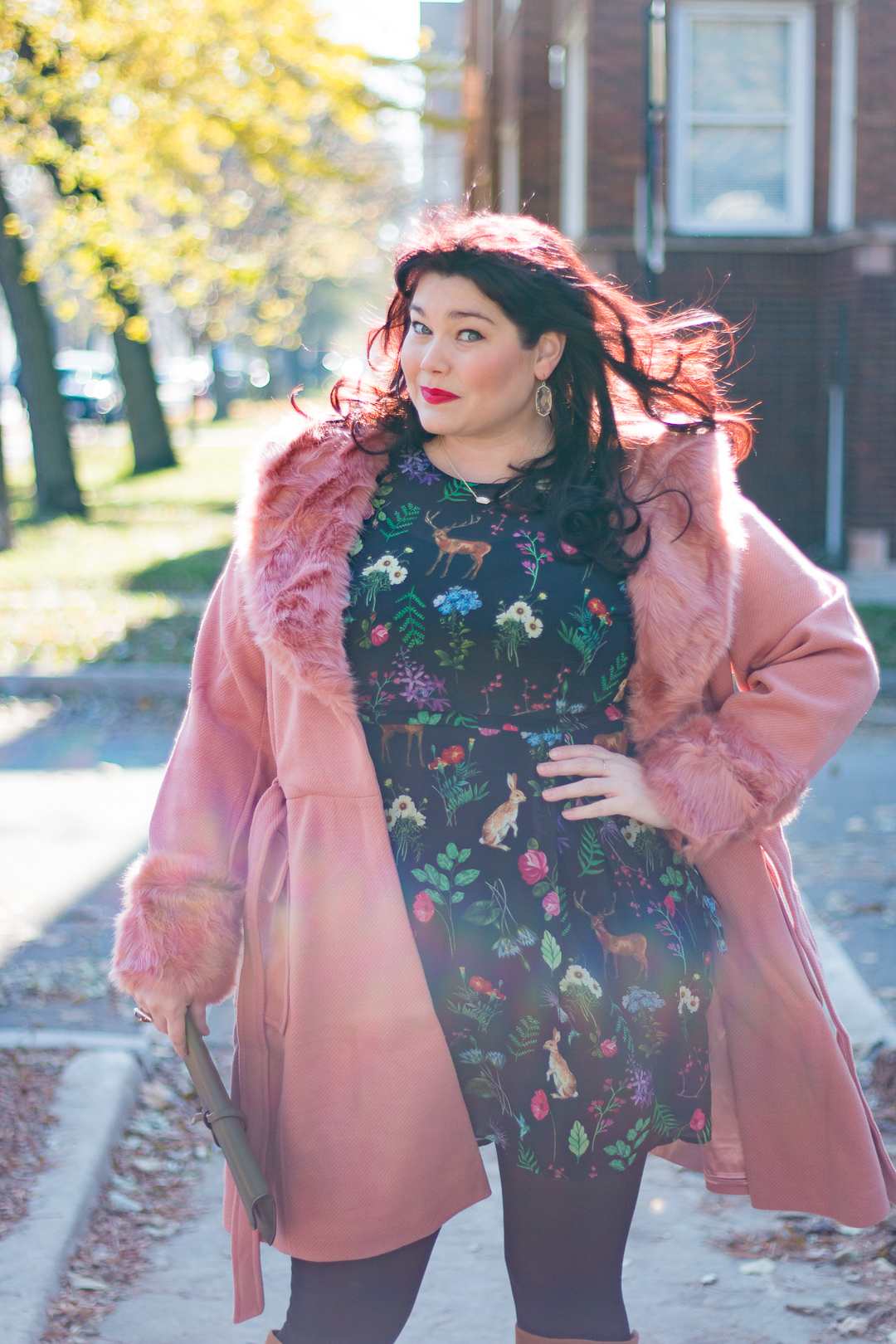 pink coat, Plus Size OOTD, Asos Curve, Unique 21 Tea Dress in Garden Floral Print, Plus Size Fashion, Style Plus Curves, Chicago Blogger, Chicago Plus Size Blogger, Plus Size Blogger, Amber McCulloch