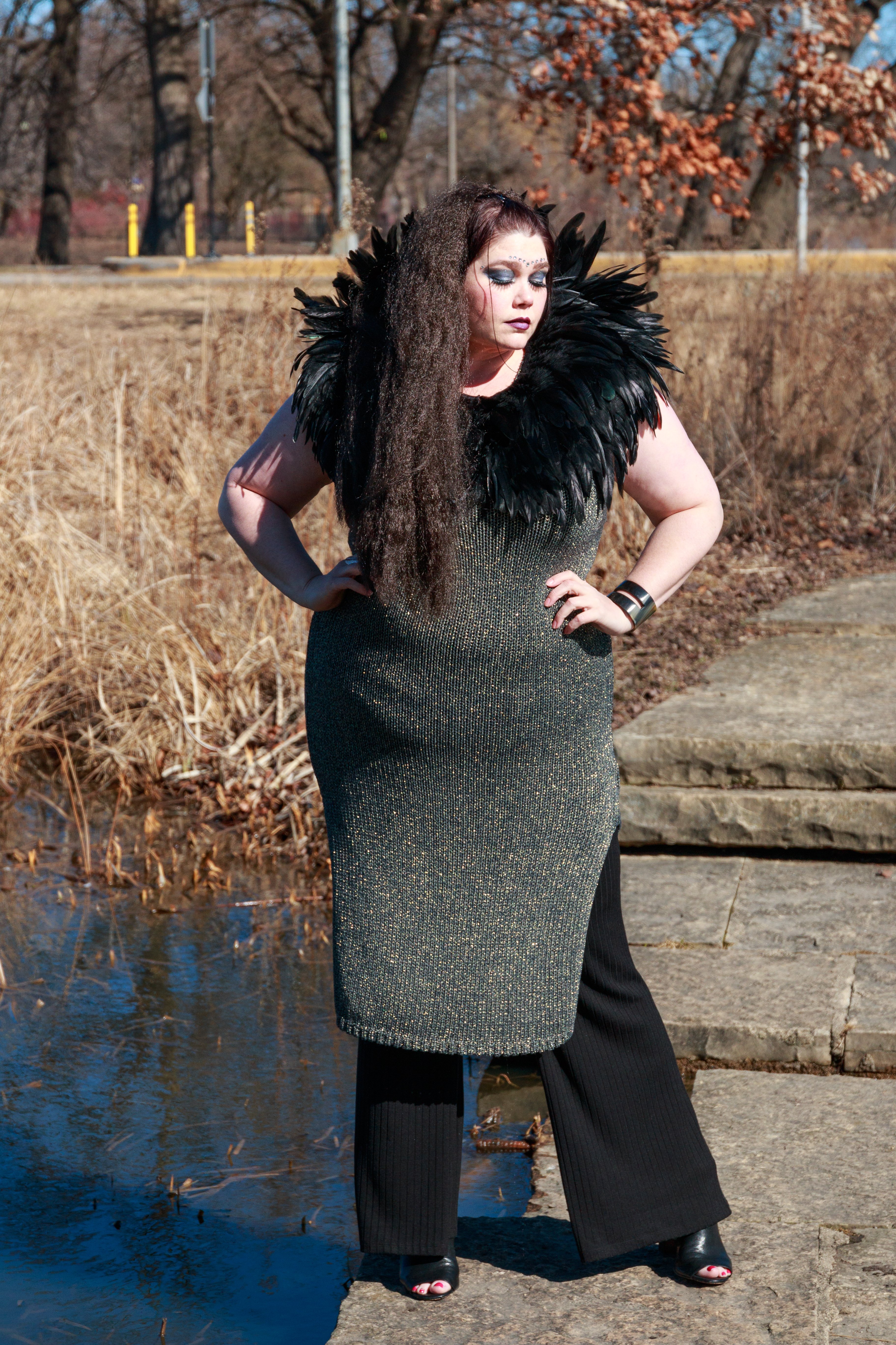 A Wrinkle in Time, silver sweater dress, Chicago Blogger, Plus Size Blogger, Feather cape